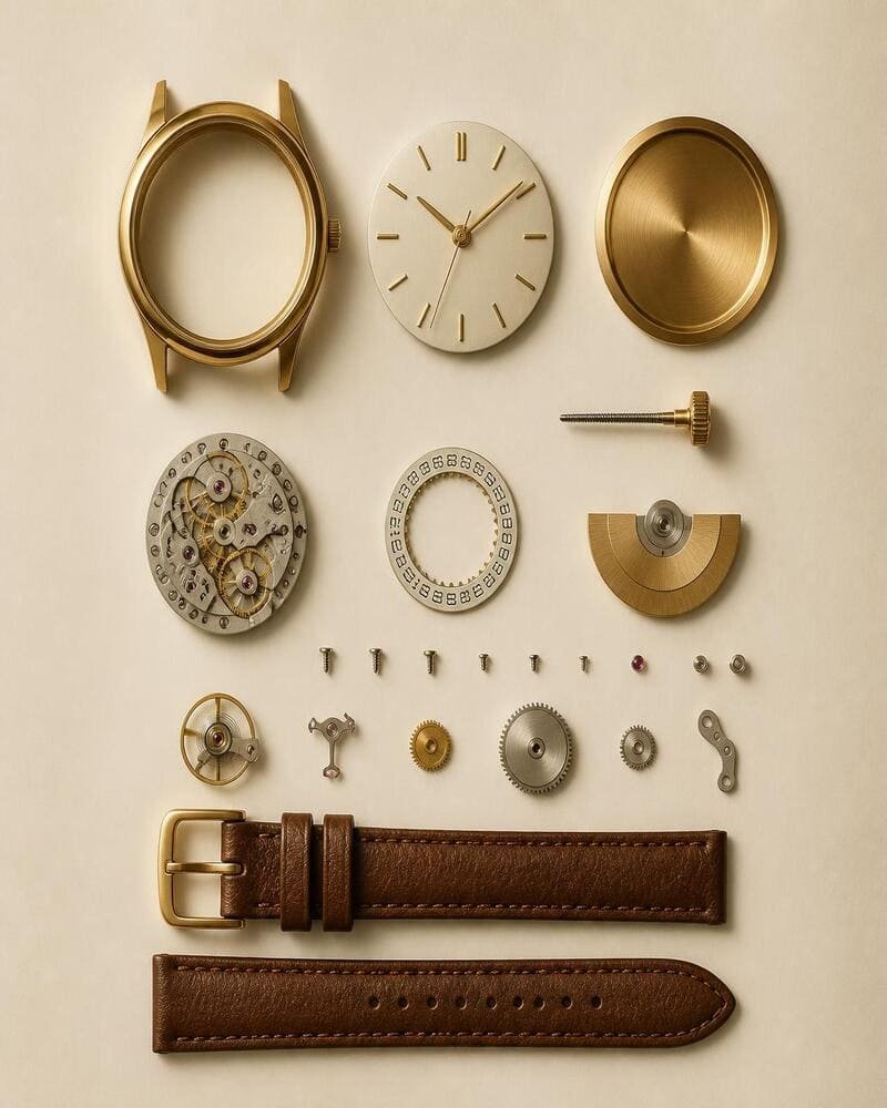 Watch parts laid out showing dial, crown, and case back