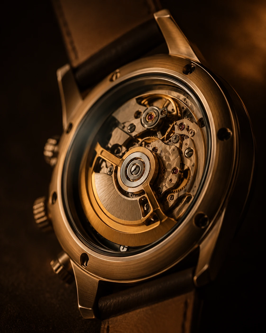 Close-up of a mechanical watch movement through the case back