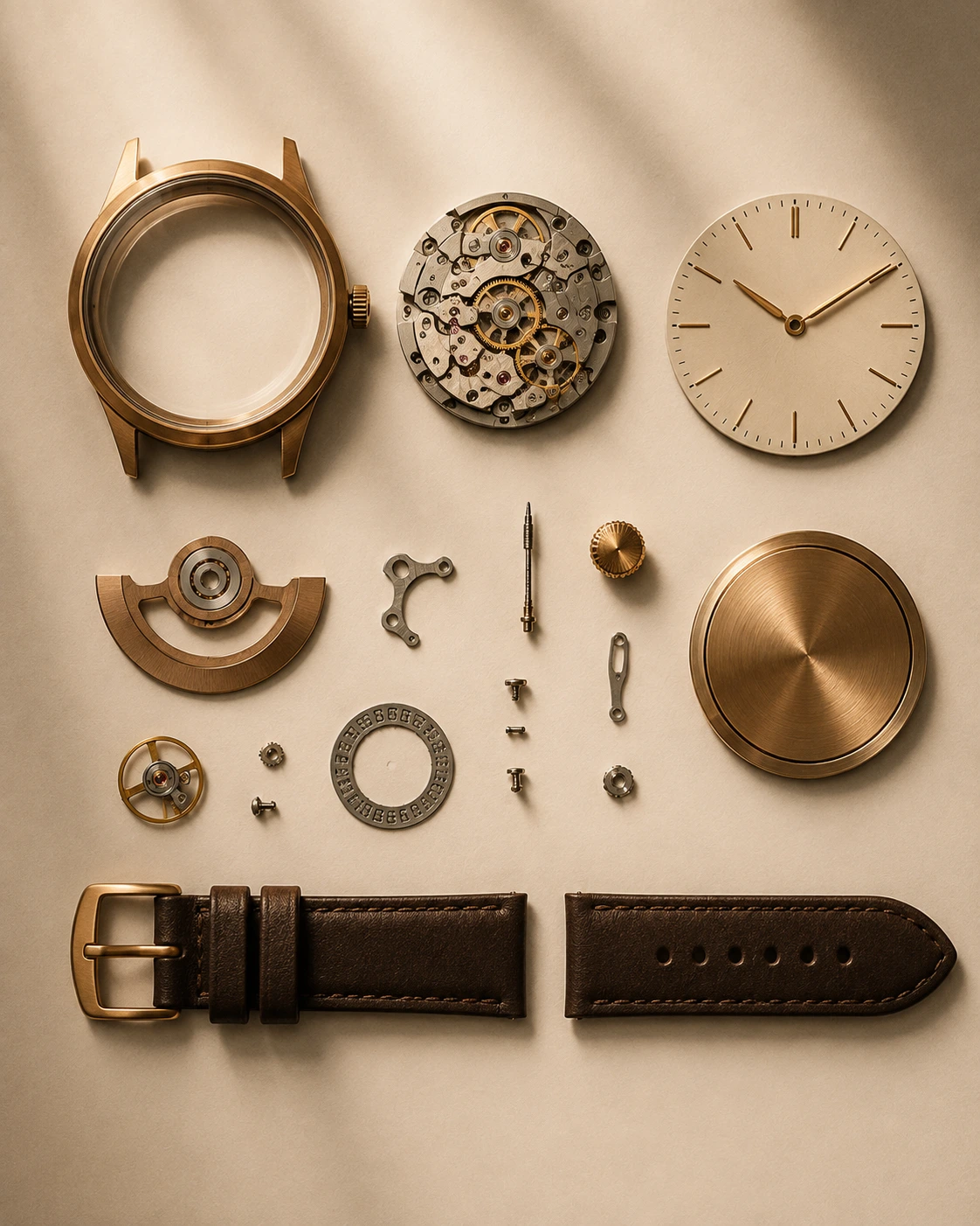 Watch parts laid out showing dial, crown, and case back