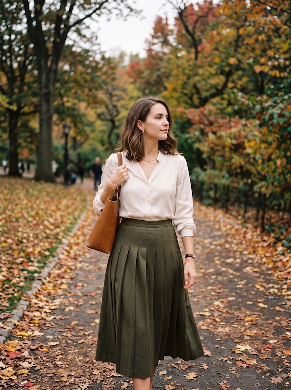 Woman in an olive pleated skirt and cream blouse wearing a small watch on a leaf-covered park path