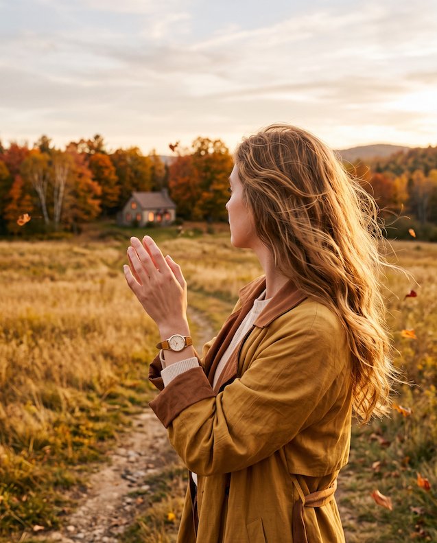 Woman in a mustard linen coat wearing a small round watch in a golden autumn field