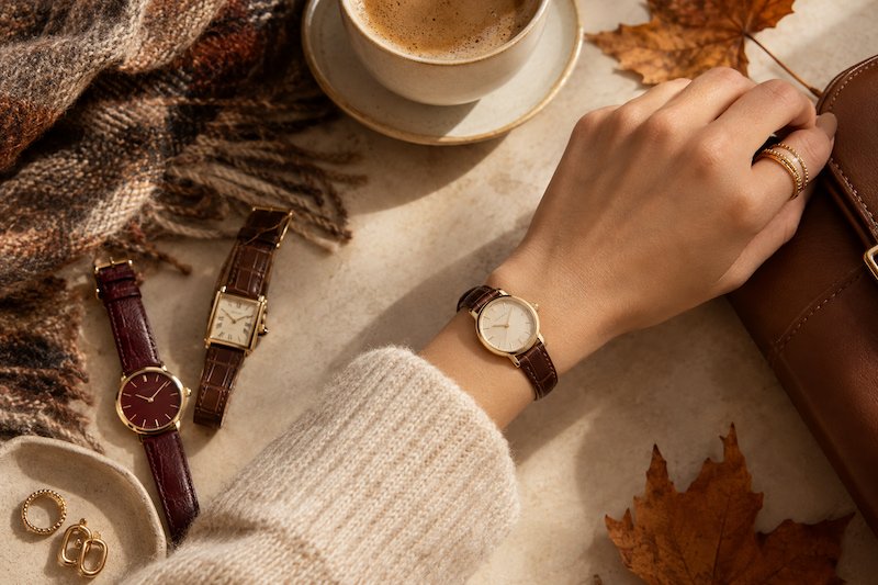 Petite wrist wearing a small gold watch with a brown strap, peeking out of a cream knit sweater cuff beside a coffee cup